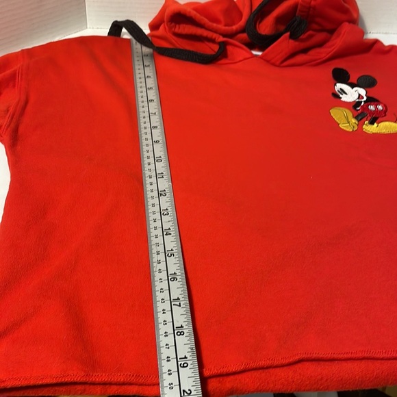 Mickey Mouse cropped red hoodie size Large. Black writing. Embroidered Mickey - Picture 11 of 12
